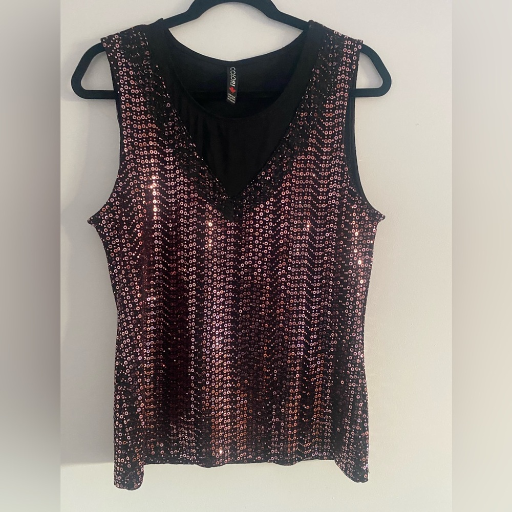 Colori Stylish Sequin Tank Top - Pink and Black,  Size Large